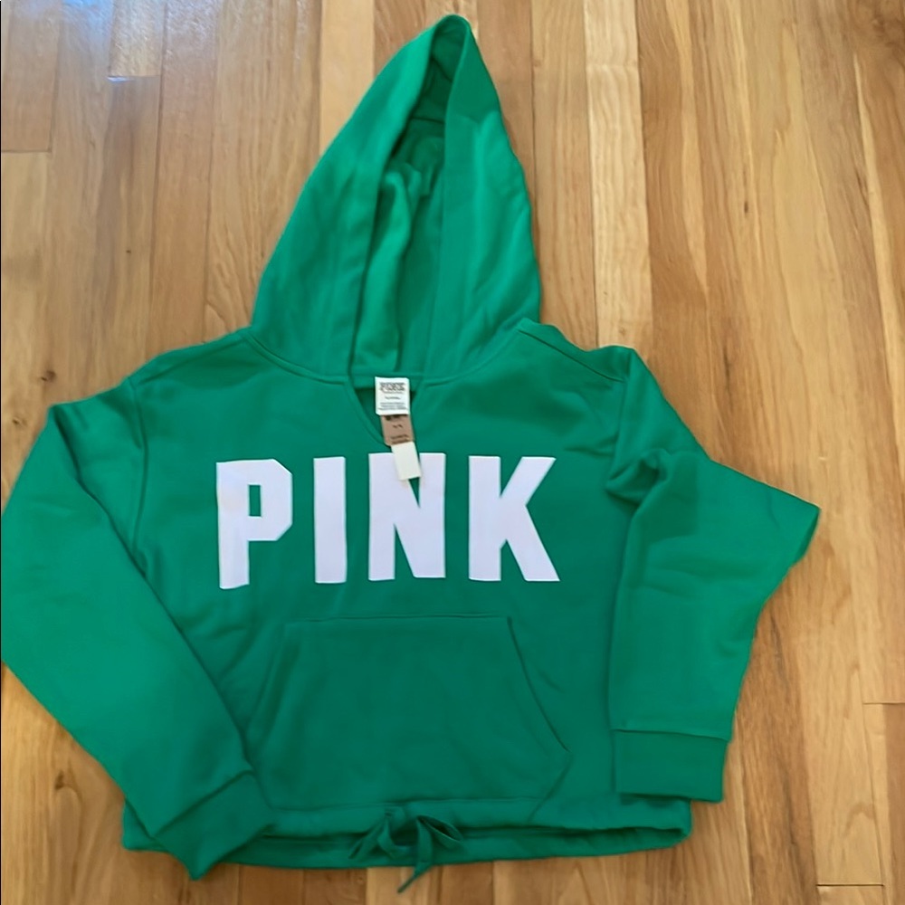 BNWT PINK Sz. Medium Cropped V- Notch Neck Hoodie Sweatshirt